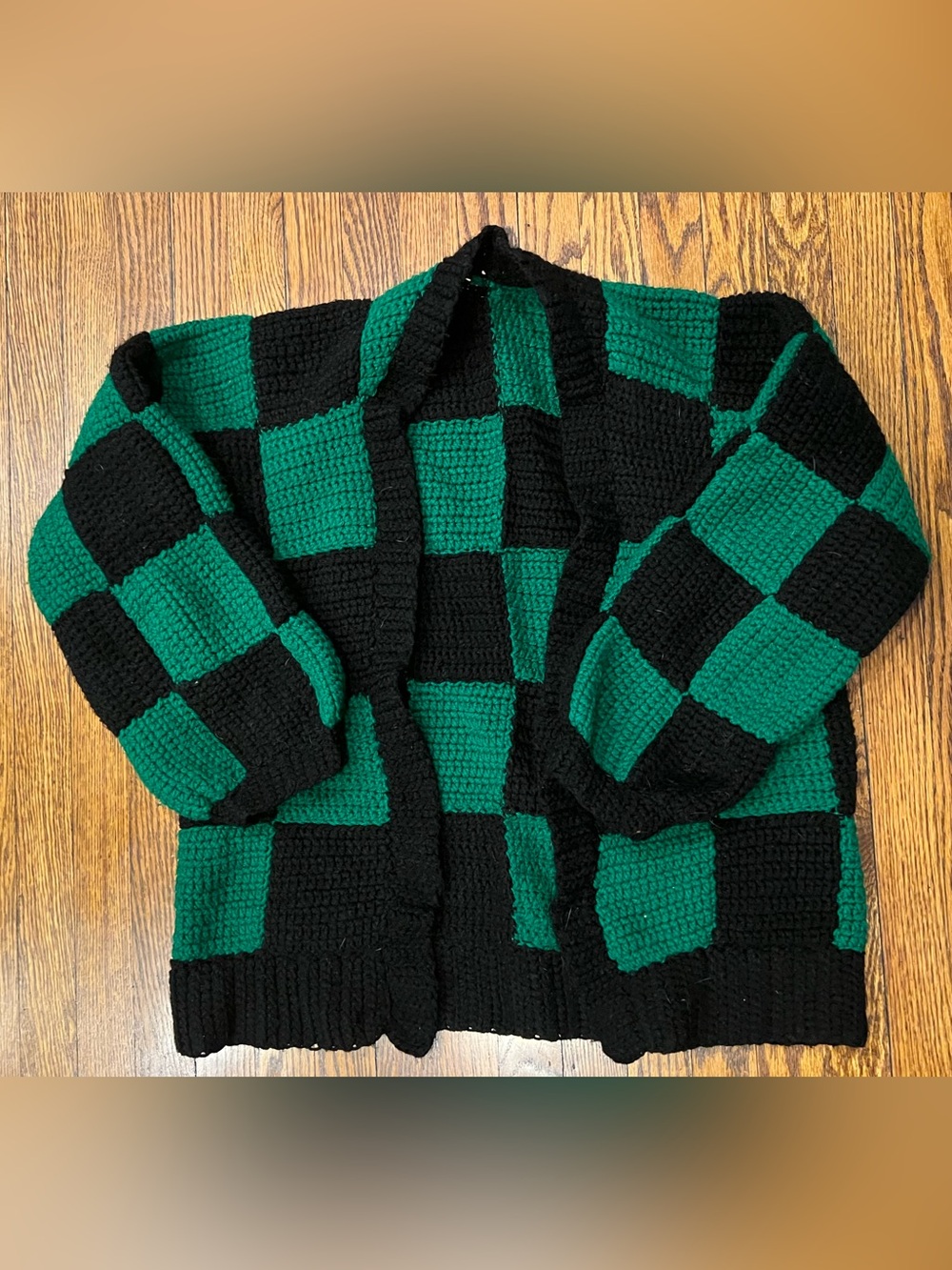 Green and Black Checkered Crochet Cardigan